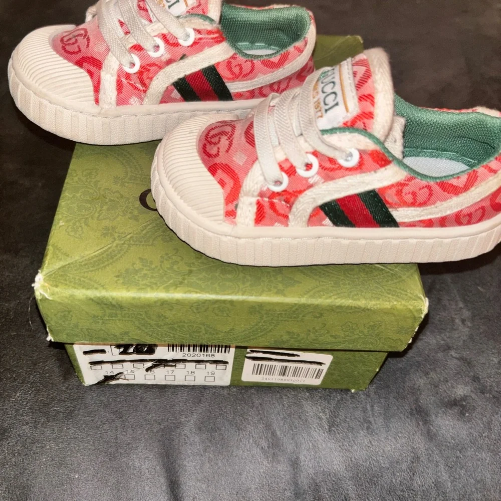 Gucci Kids Pink Red GG Logo Tennis Sneakers